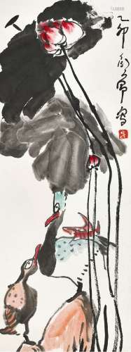 丁衍庸(1902-1978) 红荷鸳鸯   乙卯（1975年）作 立轴 设色纸本