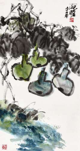 朱屺瞻(1892-1996) 依样葫芦   1988年作 立轴 设色纸本