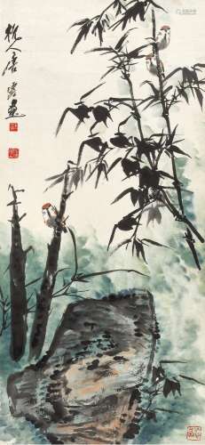 唐云(1910-1993) 丛竹三雀    立轴 设色纸本