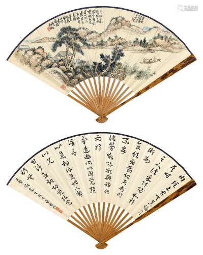 吴徵(1878-1949) 谁家红袖倚高楼 叶尔恺(1864-？) 杂钞  成扇 设色纸本