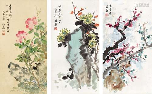 李咏森(1898-1998) 牡丹、菊、梅（共三幅） 1988（769-1）、1990（769-2、3） 纸本 彩墨