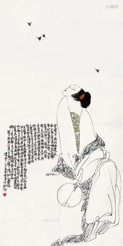 王西京(b.1946) 贵妃扑蝶   庚辰（2000年）作 立轴 设色纸本