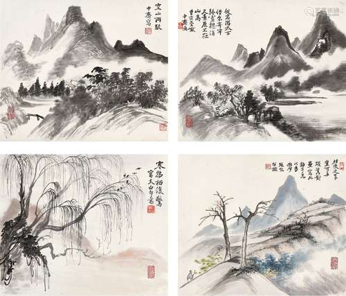 张谷雏(1894-1965) 小中见大四屏  立轴（四帧） 设色纸本、水墨纸本