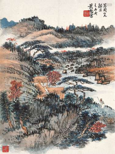 萧愻(1883-1944) 秋山策杖 壬午（1942年）作 镜心 设色纸本