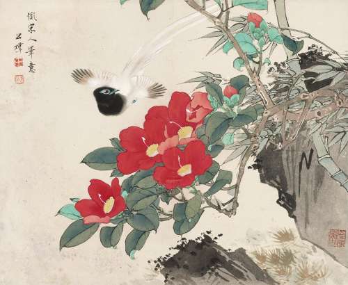 田世光(1916-1999) 山茶绶带  镜心 设色纸本