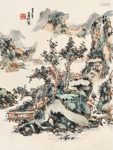 黄宾虹(1865-1955) 江阁闲坐 壬午（1942年）作 镜心 设色纸本