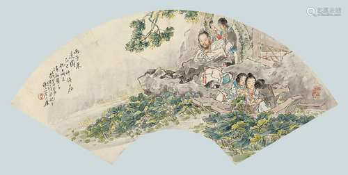 钱慧安(1833-1911) 西子采莲 乙巳（1905年）作 立轴 设色纸本