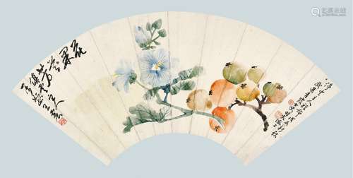 吴青霞画，王震题 花果芬芳 戊辰（1928年）作 扇面镜心 设色纸本