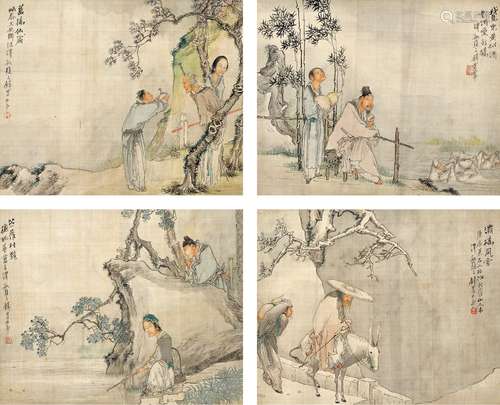 钱慧安(1833-1911) 四时人物四屏 庚辰（1880年）作 立轴（四帧） 设色绢本