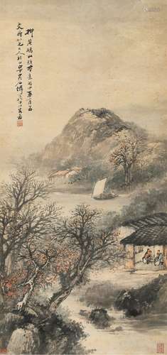 吴石仙(1845-1916) 江畔闲话 丙申（1896年）作 立轴 设色纸本