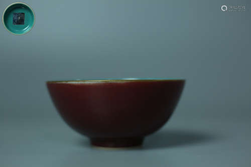 A RED-GLAZED PORCELAIN BOWL WITH QIANLONG MARKING