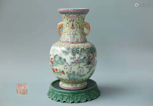 A FAMILLE ROSE VASE EAR VASE WITH QIANLONG MARKING