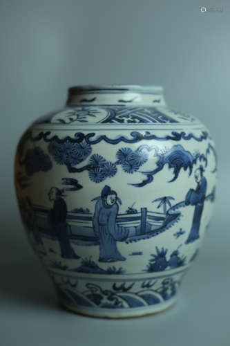 A SMALL STORY-TELLING BLUE AND WHITE PORCELAIN JAR