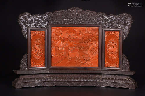A GUANGXU MARK ZITAN WOOD SCREEN EMBEDED RED LACQUER