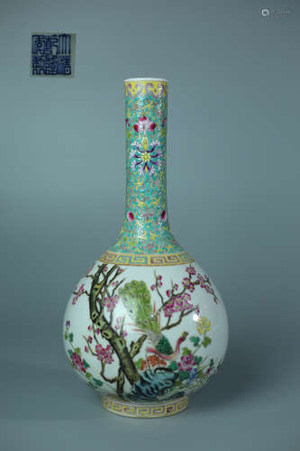 A FAMILLE ROSE SCENERY VASE WITH QIANLONG MARKING