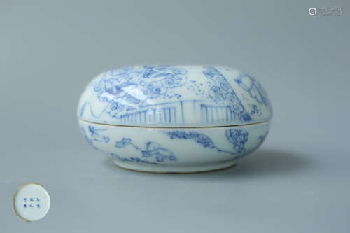 A STORY-TELLING BLUE AND WHITE PORCELAIN BOX WITH KANGXI MARKING