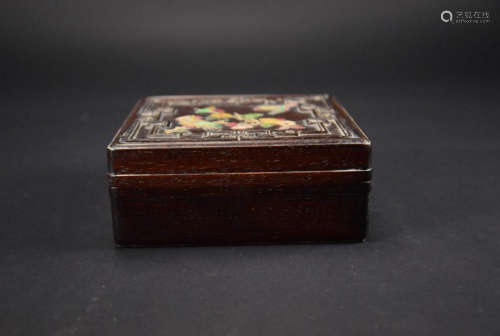 A RECTANGULAR ZITAN WOOD BOX WITH A PAINTED COVER