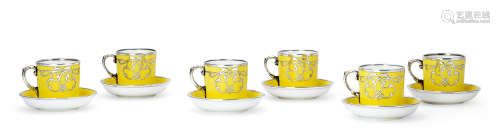 20世纪初 英国柠檬黄瓷嵌银咖啡杯 （一组）