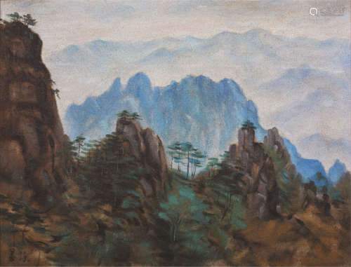 胡善余 风景 镜框 布面油画