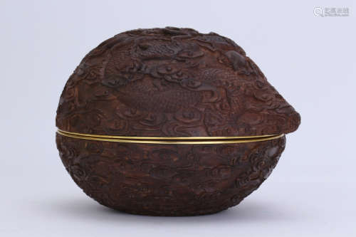A Chinese Carved Agarwood Round Box with Cover