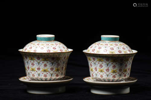 A Pair of Chinese Famille-Rose Porcelain Tea Cups with Caps and Plates