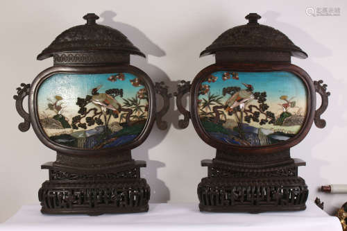 A Pair of Chinese Carved Zitan Table Screens with Inlaided