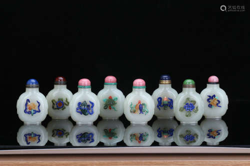 A Set of Eight Chinese Carved Jade Snuff Bottle with Inlaided