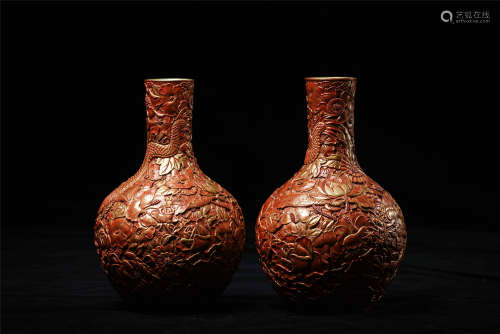 A Pair of Chinese Carved Gilt Porcelain Vases