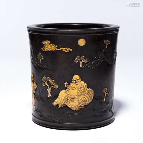 A Chinese Carved Jade Hardwood Brush Pot