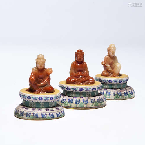 A Set of Three Chinese Carved Shoushan Figures