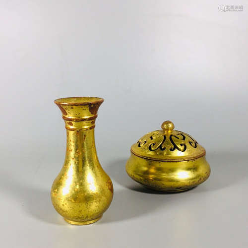 A Set of Two Chinese Gilt Bronze Incense Burner and Vase