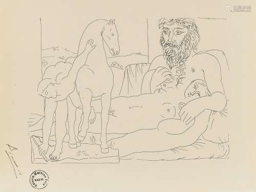 巴勃罗·毕加索（1881～1973） 1933年作 躺在年轻骑士面前的雕塑家 石版画
