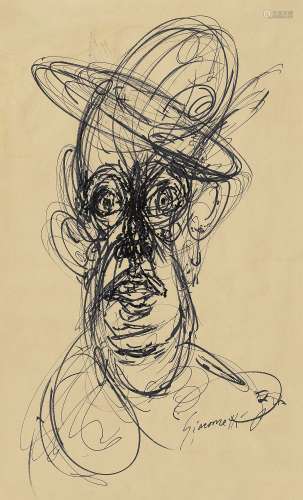 阿尔贝托·贾科梅蒂（1901～1966） 男子肖像 钢笔素描