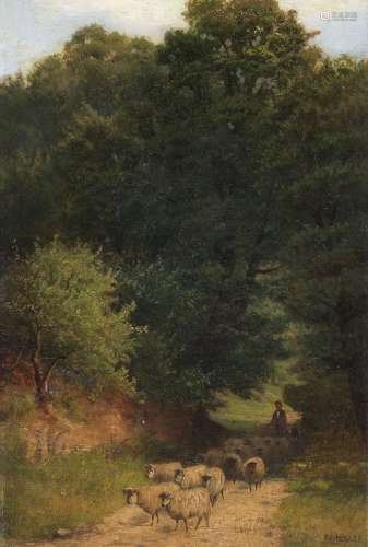 斯蒂芬·霍格利（1842～1927） 牧羊人与羊群 木板油画
