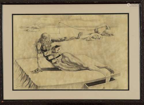 萨尔瓦多·达利（1904～1989） 拟人化的橱柜 铅笔素描