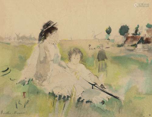 贝尔特·莫里索（1841～1895） 1875年作 坐在草丛上的女人和孩子 纸本水彩