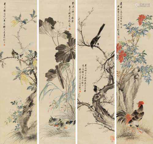 张熊（1803～1886） 1868年作 花鸟四屏 立轴 设色纸本