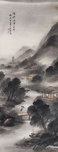 吴石僊（1845～1916） 1915年作 溪桥烟雨 立轴 设色纸本