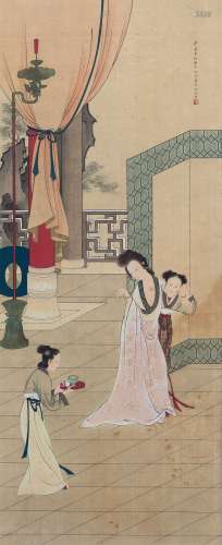 王叔晖（1912～1985） 1938年作 庭院仕女图 镜框 设色纸本