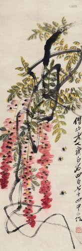 齐白石（1864～1957） 1924年作 紫藤蜜蜂 立轴 设色纸本