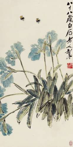 齐白石（1864～1957） 鸢尾蜜蜂 立轴 设色纸本