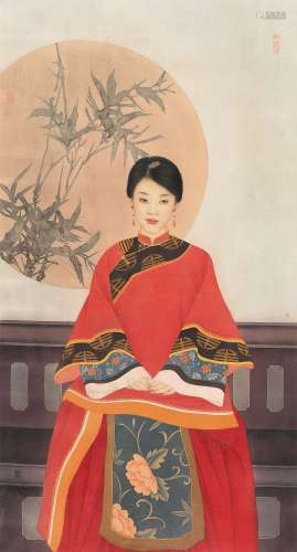 崔景哲 中国红系列·庭院淑女 镜框 设色绢本