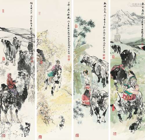 杜滋龄（b.1941） 2008年作 人物四屏 镜心 设色纸本