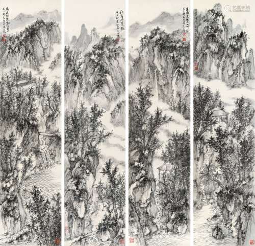 石峰（b.1969） 2008年作 山水四屏 镜心 水墨纸本
