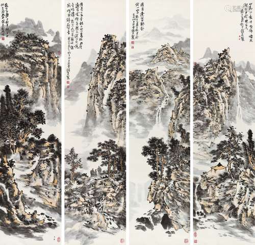 霍俊其（b.1965） 2005年作 山水四屏 镜心 设色纸本