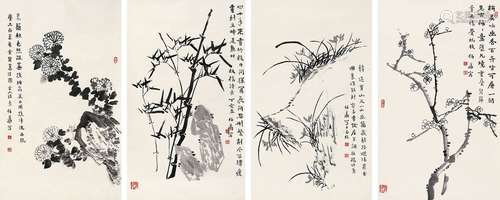 孙伯翔（b.1934） 2007年作 花卉四屏 镜心 水墨纸本