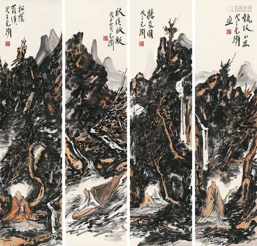 范扬（b.1965） 2008年作 山水人物四屏 镜心 设色纸本