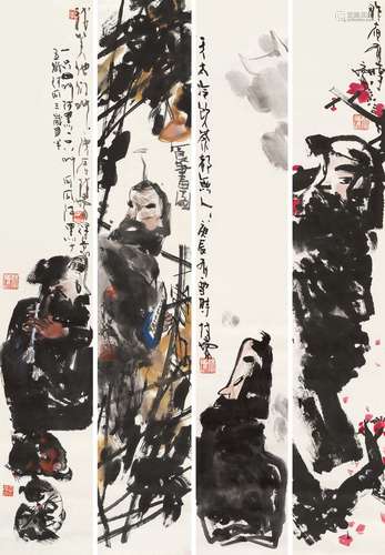 林墉（b.1942） 2000年作 人物四屏 镜心 设色纸本