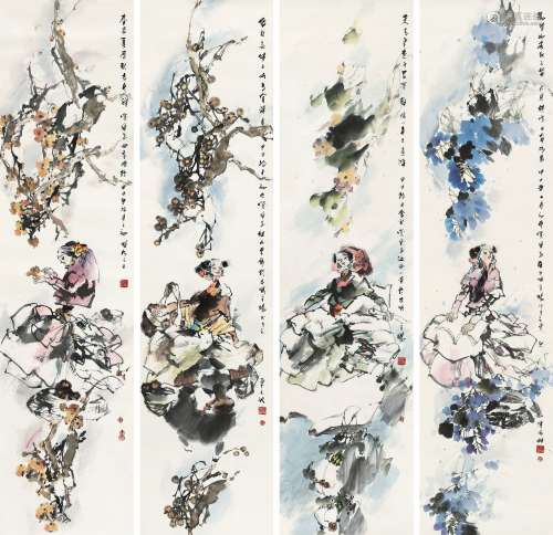 崔俊恒（b.1950） 2004年作 人物四屏 镜心 设色纸本
