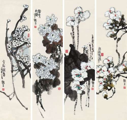 赵梅生（b.1925） 2002年作 花卉四屏 镜心 设色纸本